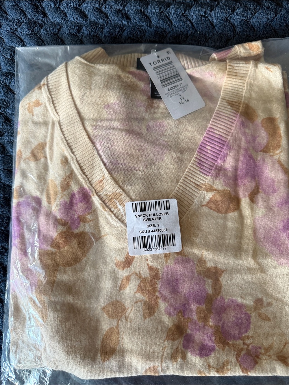 torrid Cream V-Neck Sweater with Lavender and Tan Floral Print